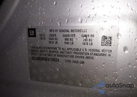 2015 Chevrolet Sonic Lt Manual from USA, damaged, VIN 1G1JD6SH8F4138524